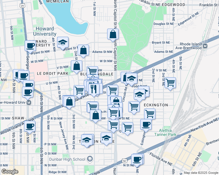 map of restaurants, bars, coffee shops, grocery stores, and more near 101 Independence Avenue Southeast in Washington