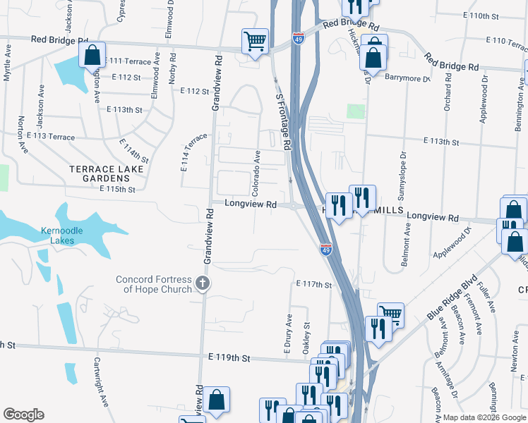 map of restaurants, bars, coffee shops, grocery stores, and more near 5201 Longview Road in Kansas City