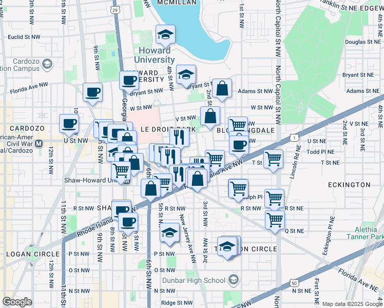 map of restaurants, bars, coffee shops, grocery stores, and more near 307 T Street Northwest in Washington