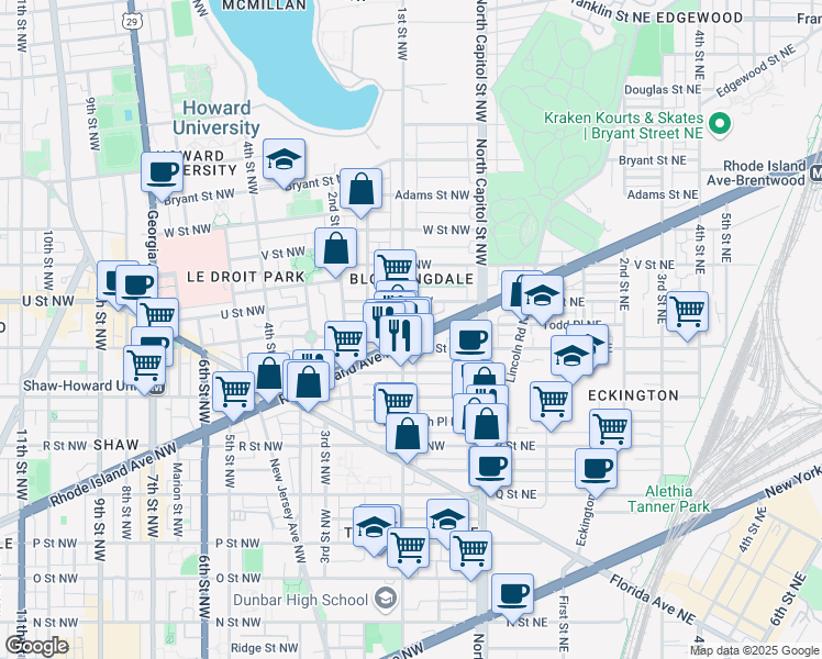 map of restaurants, bars, coffee shops, grocery stores, and more near 101 Independence Avenue Southeast in Washington