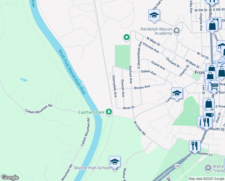map of restaurants, bars, coffee shops, grocery stores, and more near 370 Cherrydale Avenue in Front Royal