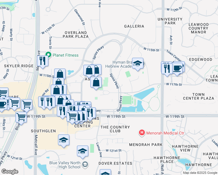 map of restaurants, bars, coffee shops, grocery stores, and more near 6160 Sprint Parkway in Overland Park
