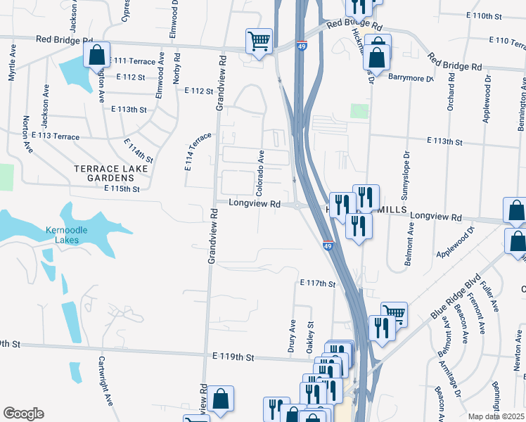 map of restaurants, bars, coffee shops, grocery stores, and more near 5201 Longview Road in Kansas City