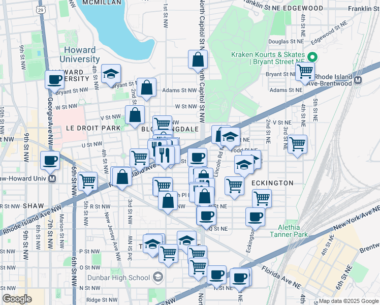 map of restaurants, bars, coffee shops, grocery stores, and more near 32 Rhode Island Avenue Northwest in Washington