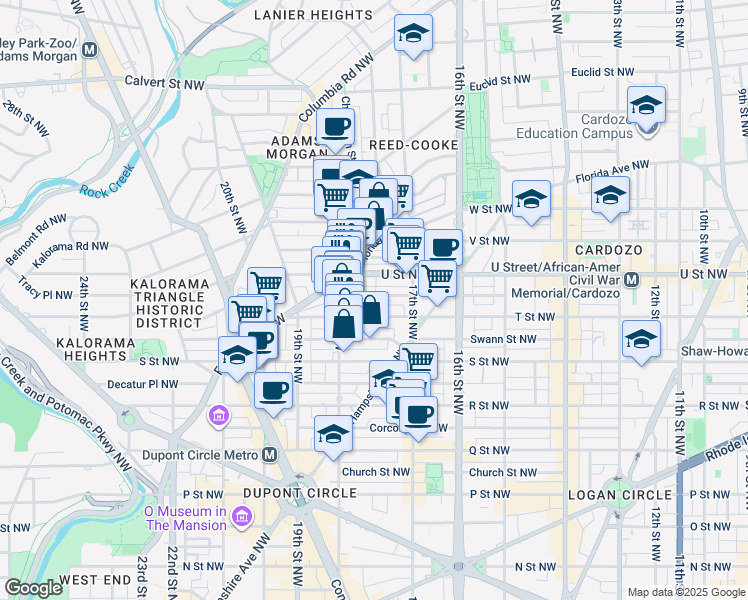 map of restaurants, bars, coffee shops, grocery stores, and more near 1746 Willard Street Northwest in Washington