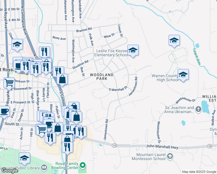 map of restaurants, bars, coffee shops, grocery stores, and more near 54 South Marshall Street in Front Royal
