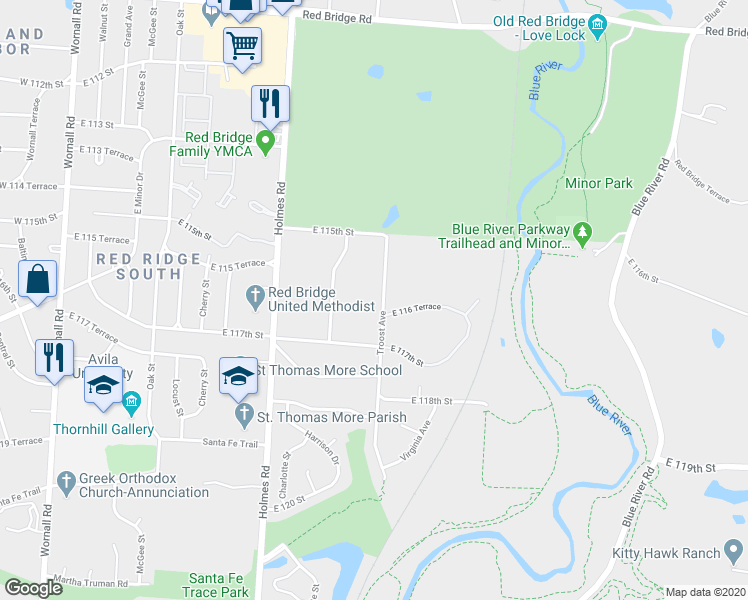 map of restaurants, bars, coffee shops, grocery stores, and more near 11528 Troost Avenue in Kansas City