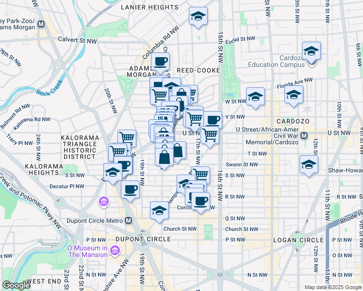 map of restaurants, bars, coffee shops, grocery stores, and more near 1746 Willard Street Northwest in Washington