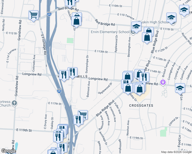 map of restaurants, bars, coffee shops, grocery stores, and more near 6122 Longview Road in Kansas City