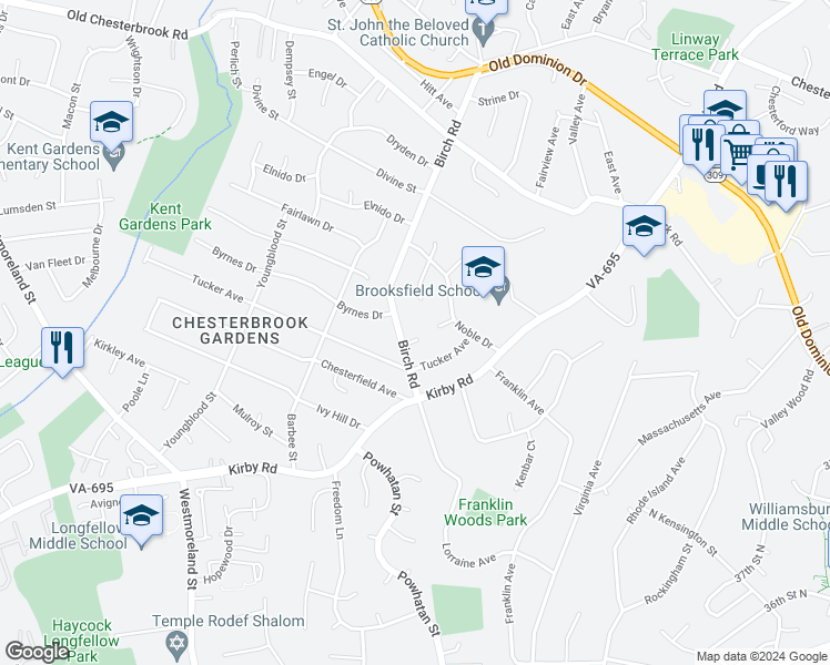 map of restaurants, bars, coffee shops, grocery stores, and more near 6482 Birch Grove Court in McLean