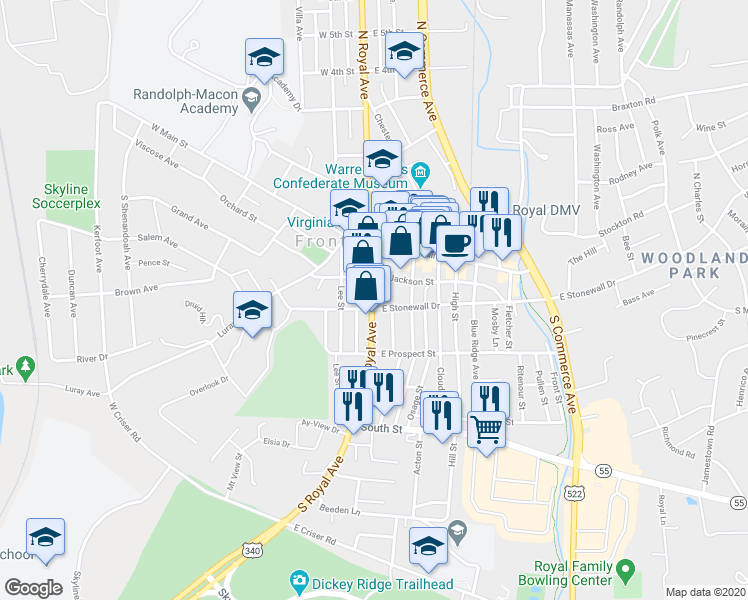 map of restaurants, bars, coffee shops, grocery stores, and more near 122A South Royal Avenue in Front Royal