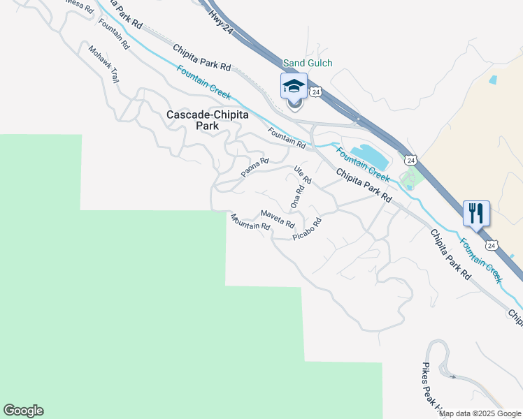 map of restaurants, bars, coffee shops, grocery stores, and more near 9370 Maveta Road in Cascade-Chipita Park