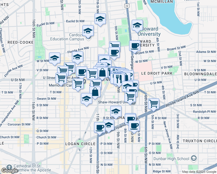 map of restaurants, bars, coffee shops, grocery stores, and more near 1923 Vermont Avenue Northwest in Washington