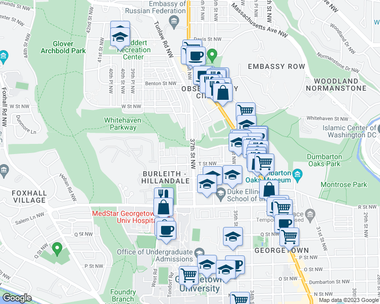 map of restaurants, bars, coffee shops, grocery stores, and more near 1924 37th Street Northwest in Washington