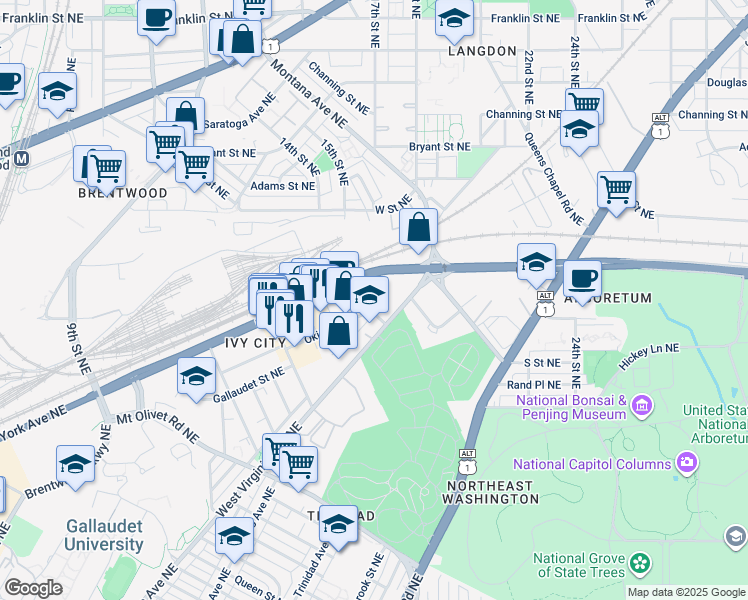 map of restaurants, bars, coffee shops, grocery stores, and more near 101 Independence Avenue Southeast in Washington
