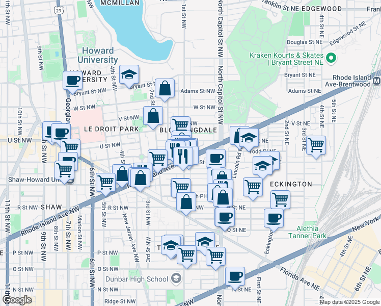 map of restaurants, bars, coffee shops, grocery stores, and more near 73 Rhode Island Avenue Northwest in Washington