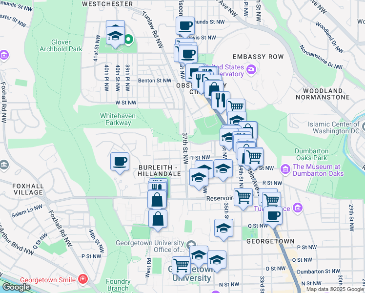 map of restaurants, bars, coffee shops, grocery stores, and more near 1924 37th Street Northwest in Washington