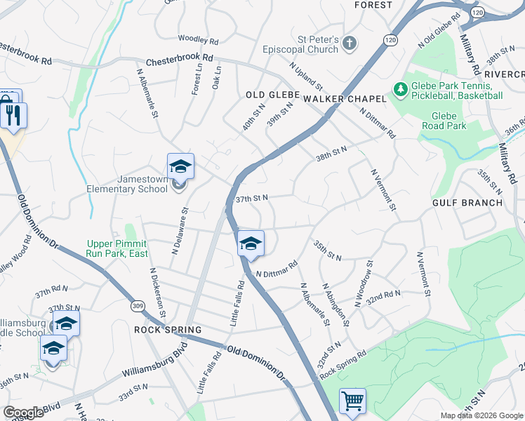 map of restaurants, bars, coffee shops, grocery stores, and more near 3611 North Albemarle Street in Arlington