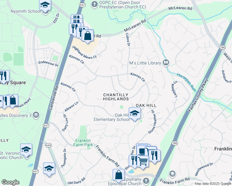 map of restaurants, bars, coffee shops, grocery stores, and more near 13369 Scotsmore Way in Herndon