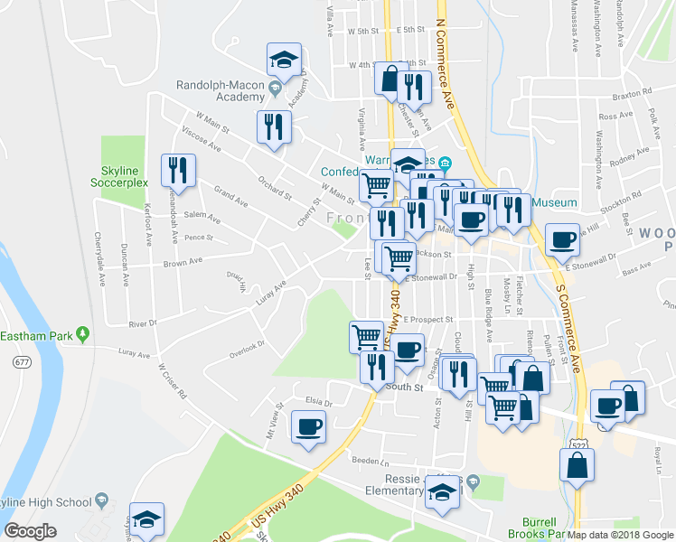 map of restaurants, bars, coffee shops, grocery stores, and more near 131 West Stonewall Drive in Front Royal