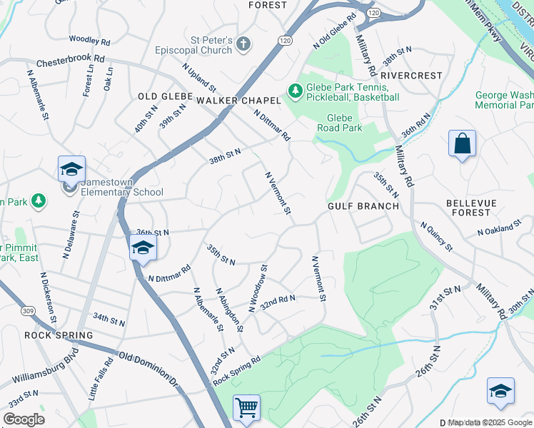 map of restaurants, bars, coffee shops, grocery stores, and more near 4524 35th Road North in Arlington
