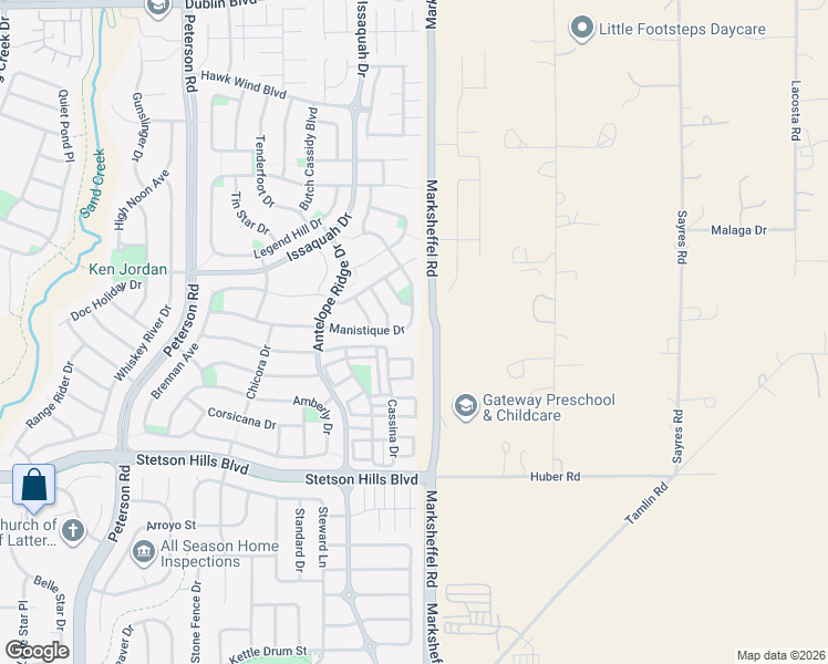 map of restaurants, bars, coffee shops, grocery stores, and more near 7679 Manistique Drive in Colorado Springs