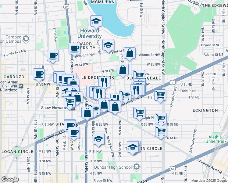 map of restaurants, bars, coffee shops, grocery stores, and more near 101 Independence Avenue Southeast in Washington