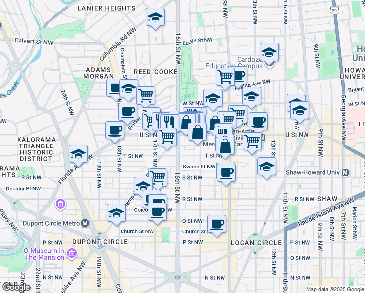 map of restaurants, bars, coffee shops, grocery stores, and more near 1919 16th Street Northwest in Washington