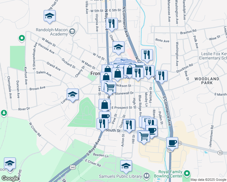 map of restaurants, bars, coffee shops, grocery stores, and more near 122A South Royal Avenue in Front Royal
