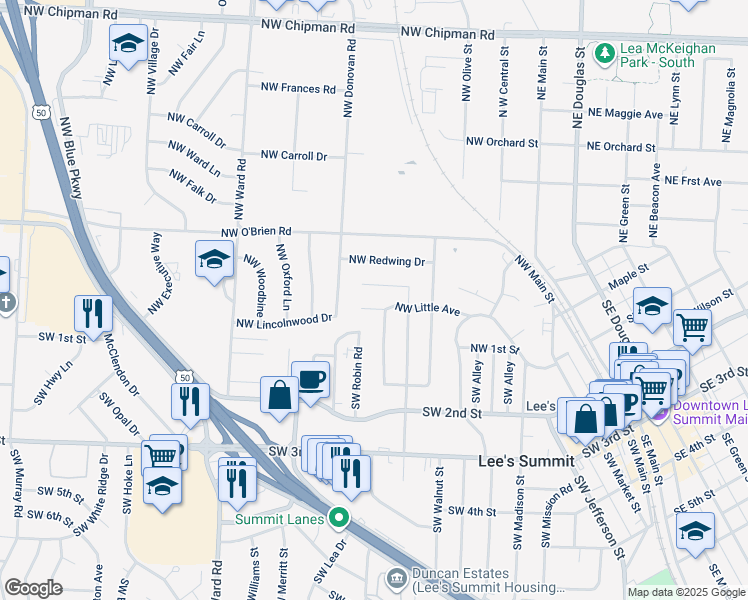 map of restaurants, bars, coffee shops, grocery stores, and more near in Lee's Summit