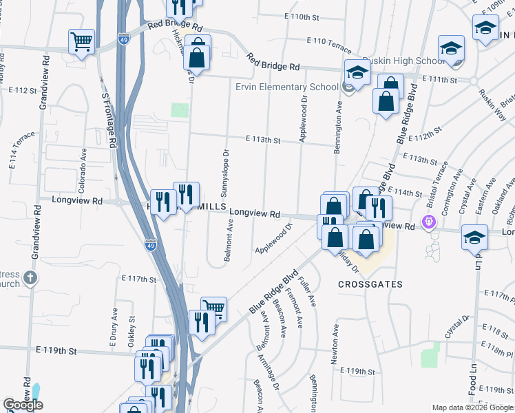 map of restaurants, bars, coffee shops, grocery stores, and more near 6122 Longview Road in Kansas City