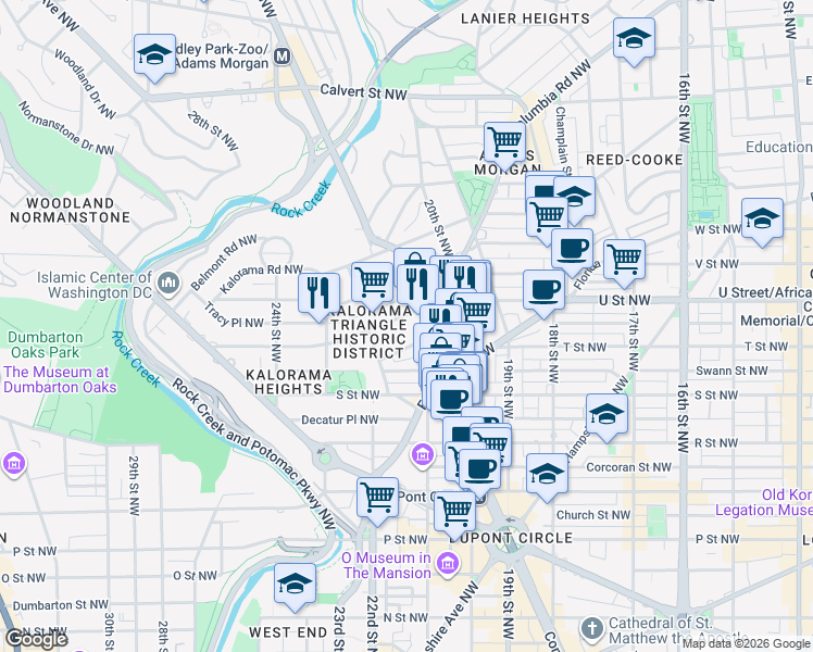 map of restaurants, bars, coffee shops, grocery stores, and more near 2122 California Street Northwest in Washington