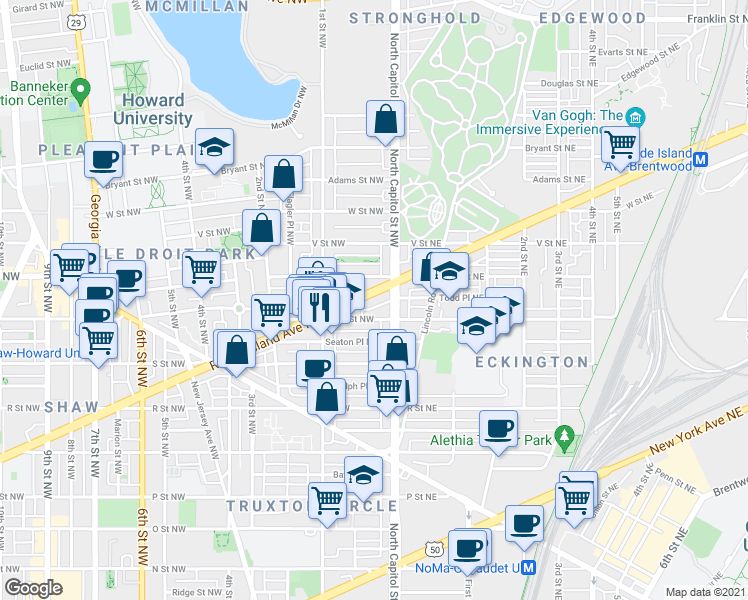 map of restaurants, bars, coffee shops, grocery stores, and more near 26 Rhode Island Avenue Northwest in Washington
