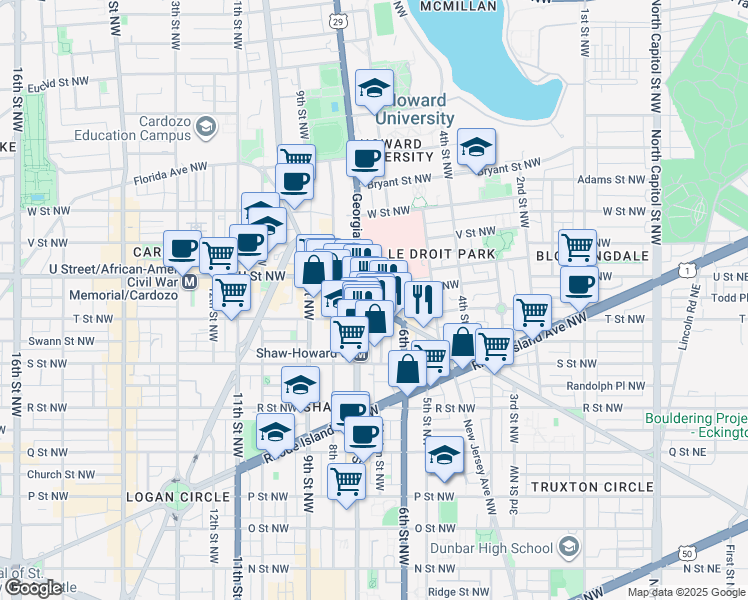 map of restaurants, bars, coffee shops, grocery stores, and more near 101 Independence Avenue Southeast in Washington