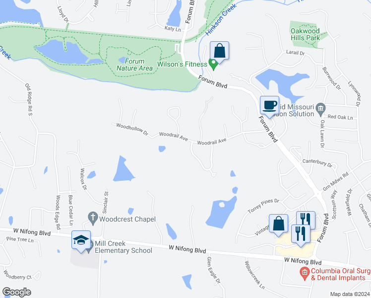 map of restaurants, bars, coffee shops, grocery stores, and more near 3458 Woodrail Terrace in Columbia