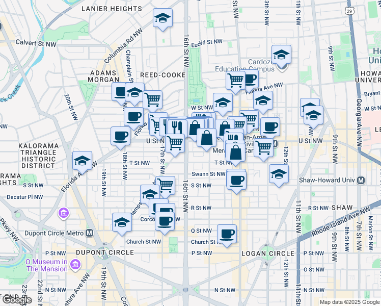 map of restaurants, bars, coffee shops, grocery stores, and more near 1919 16th Street Northwest in Washington