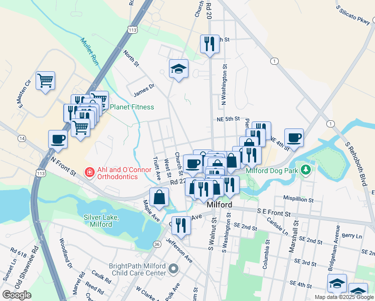 map of restaurants, bars, coffee shops, grocery stores, and more near 103 Northwest 3rd Street in Milford
