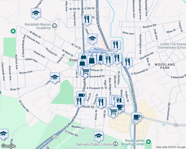 map of restaurants, bars, coffee shops, grocery stores, and more near 49 Church Street in Front Royal