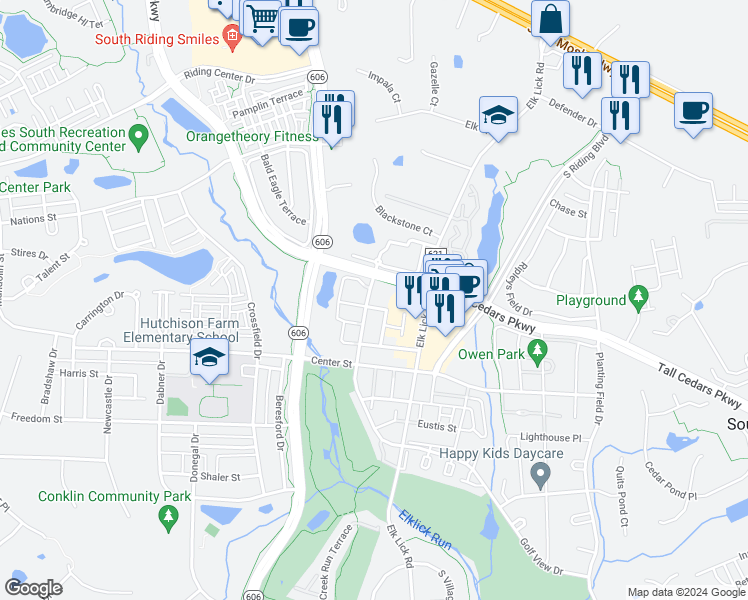 map of restaurants, bars, coffee shops, grocery stores, and more near 42856 Golf View Drive in Chantilly