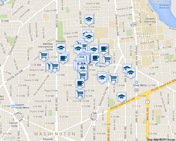 map of restaurants, bars, coffee shops, grocery stores, and more near 1332 Wallach Pl NW in Washington