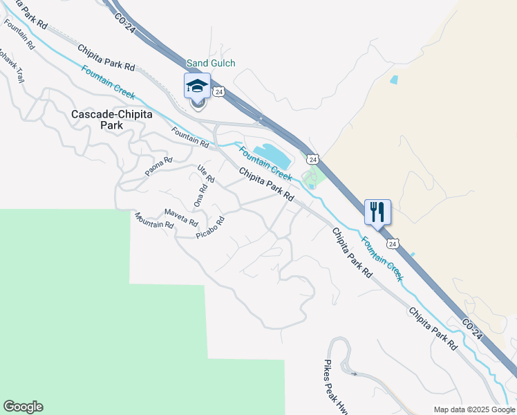 map of restaurants, bars, coffee shops, grocery stores, and more near 9055 Picabo Road in Cascade-Chipita Park