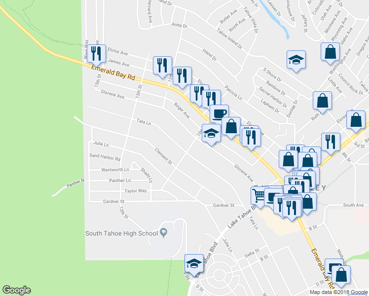 map of restaurants, bars, coffee shops, grocery stores, and more near 817 Tata Lane in South Lake Tahoe
