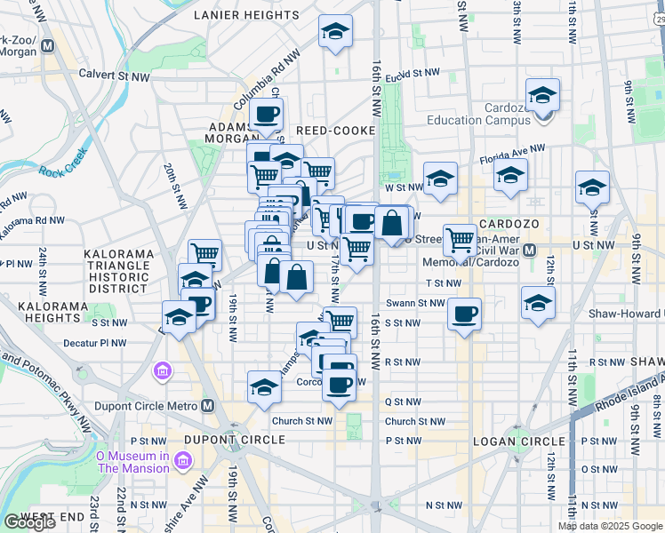 map of restaurants, bars, coffee shops, grocery stores, and more near 1916 17th Street Northwest in Washington