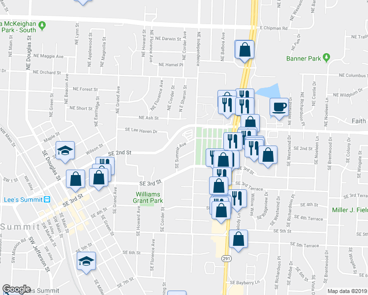 map of restaurants, bars, coffee shops, grocery stores, and more near 707 Southeast Summit Avenue in Lee's Summit