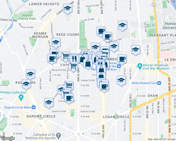 map of restaurants, bars, coffee shops, grocery stores, and more near 1918 15th Street Northwest in Washington