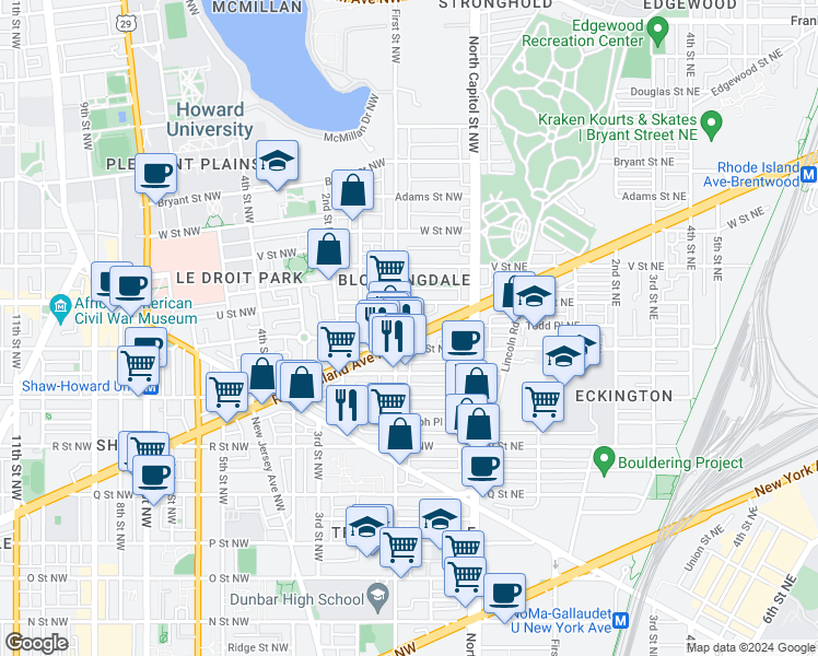 map of restaurants, bars, coffee shops, grocery stores, and more near 73 Rhode Island Avenue Northwest in Washington
