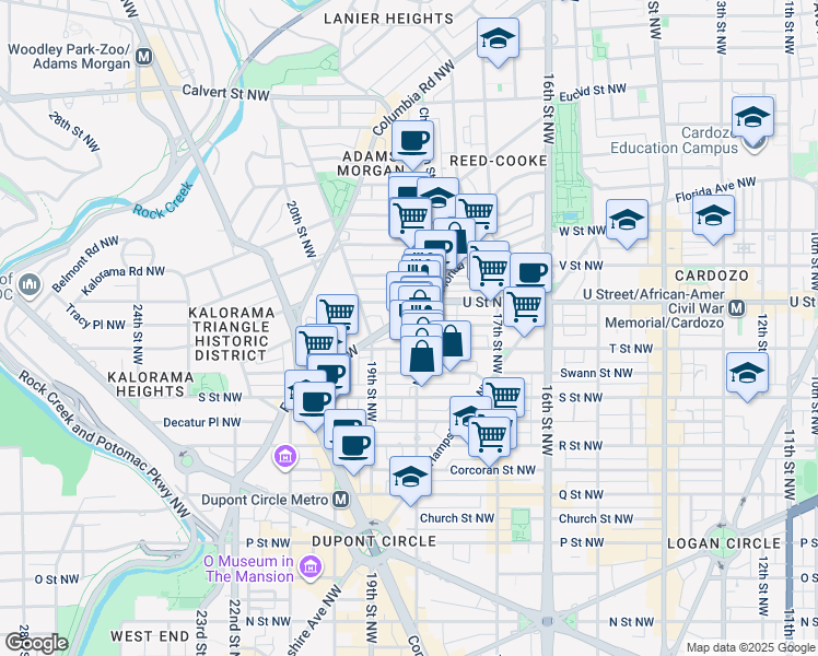 map of restaurants, bars, coffee shops, grocery stores, and more near 1918 18th Street Northwest in Washington