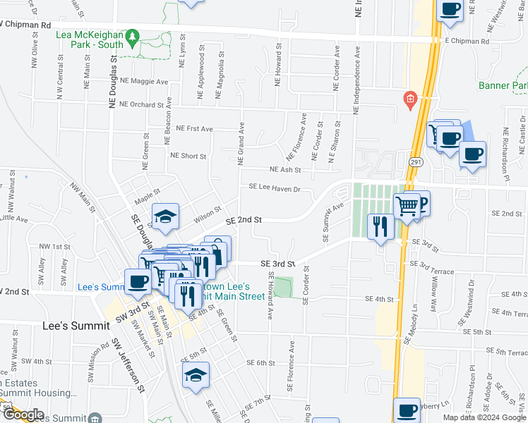 map of restaurants, bars, coffee shops, grocery stores, and more near 502A Southeast 2nd Street in Lee's Summit