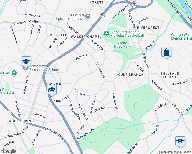 map of restaurants, bars, coffee shops, grocery stores, and more near 4524 35th Road North in Arlington