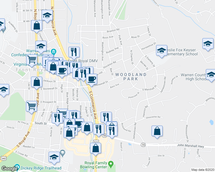 map of restaurants, bars, coffee shops, grocery stores, and more near 713 Campbell Circle in Front Royal